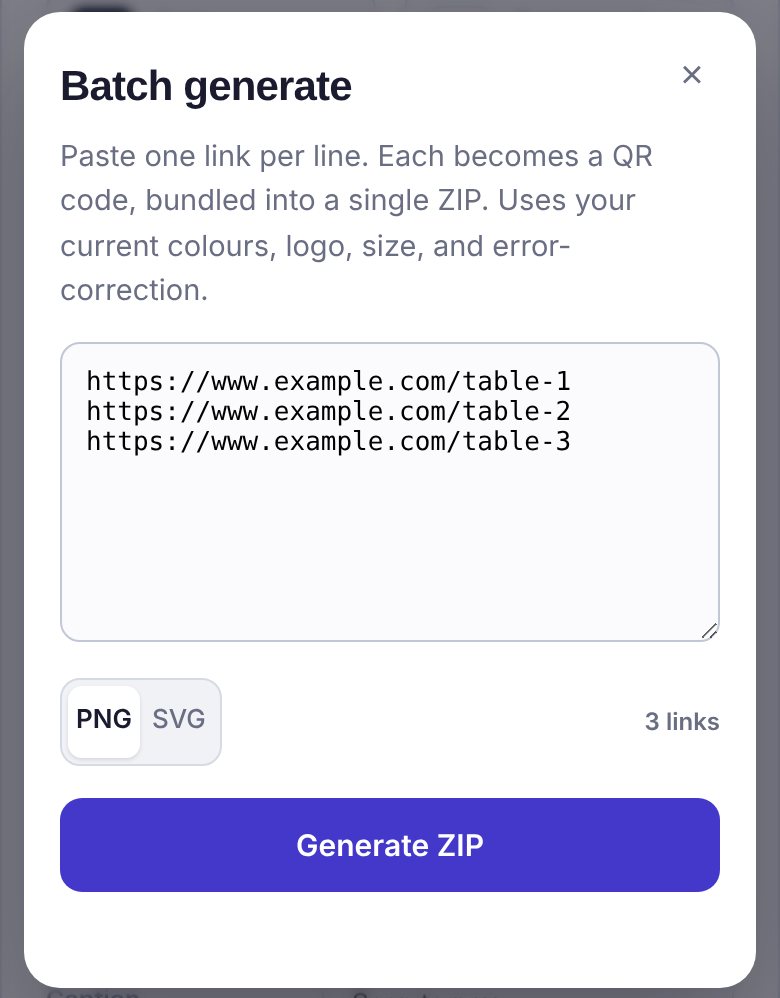 Batch generate: three sample links, one per line, PNG chosen, 3 links, and the Generate ZIP button