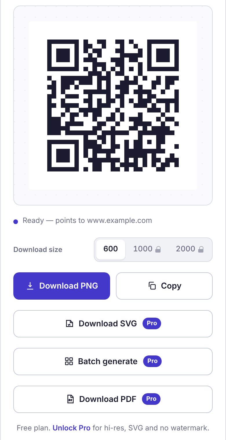 The preview with a sample code, Ready — points to www.example.com, Download size 600, and the Download PNG and Copy buttons