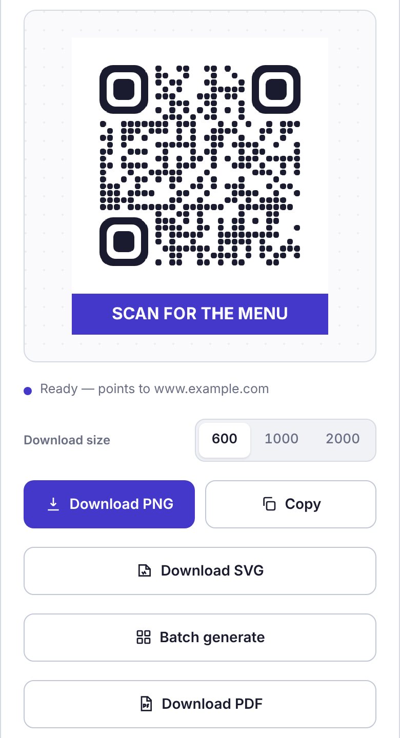 The preview of a rounded code with a bar caption reading SCAN FOR THE MENU, and the Download PNG, Copy, Download SVG, Batch generate and Download PDF buttons