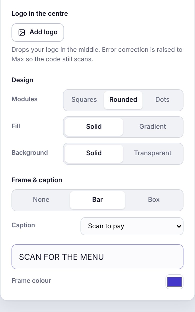 The Pro options: Add logo, Modules set to Rounded, Fill and Background, and Frame and caption set to Bar with the caption SCAN FOR THE MENU