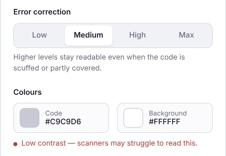 Error correction set to Medium, and Colours with a pale grey code colour, showing the red low-contrast warning