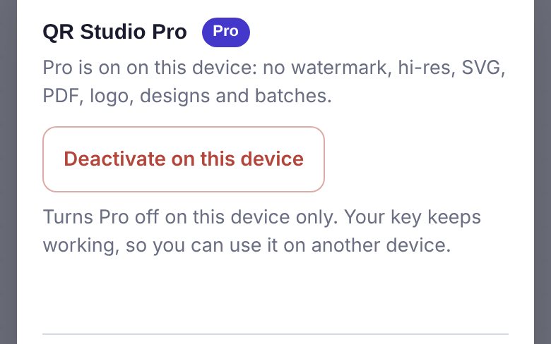 Settings, QR Studio Pro: Pro is on on this device, with the Deactivate on this device button