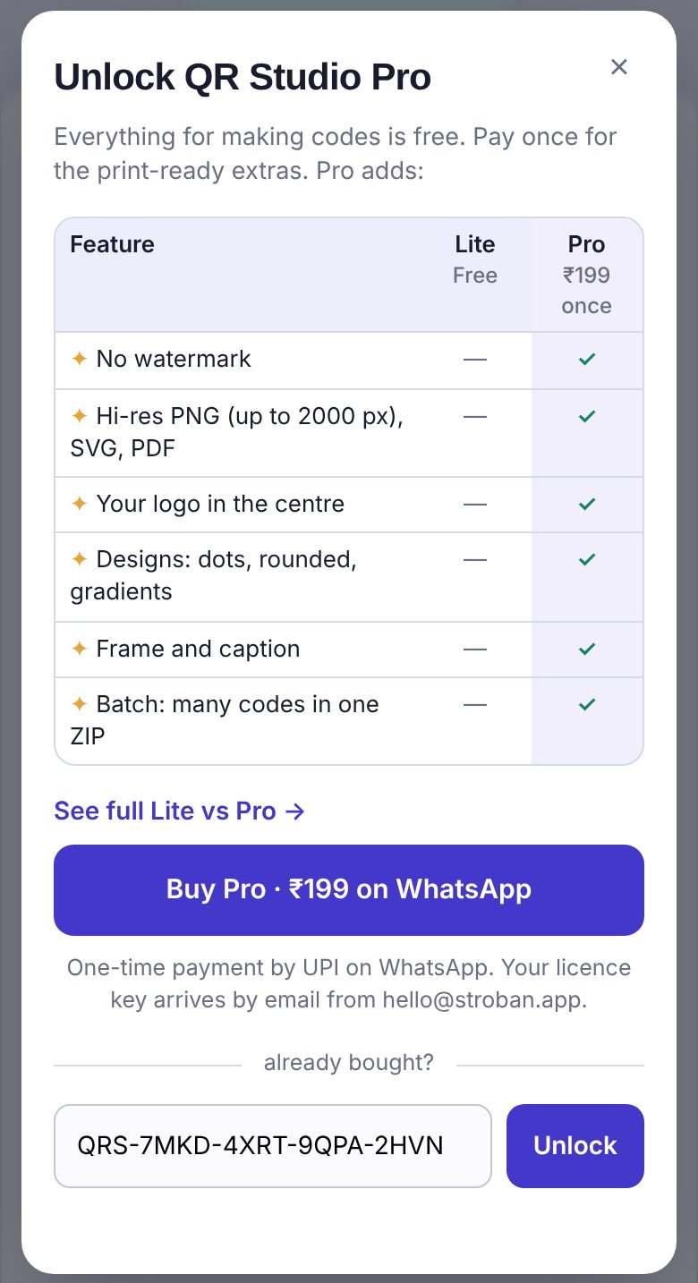 Unlock QR Studio Pro: what Pro adds, Buy Pro · ₹199 on WhatsApp, and a sample key pasted next to the Unlock button