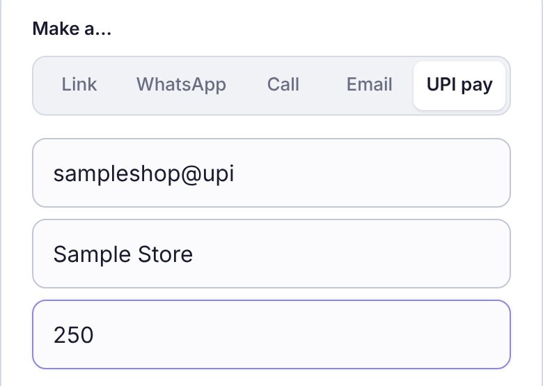 Make a…: UPI pay chosen, with a sample UPI ID, the name Sample Store and the amount 250